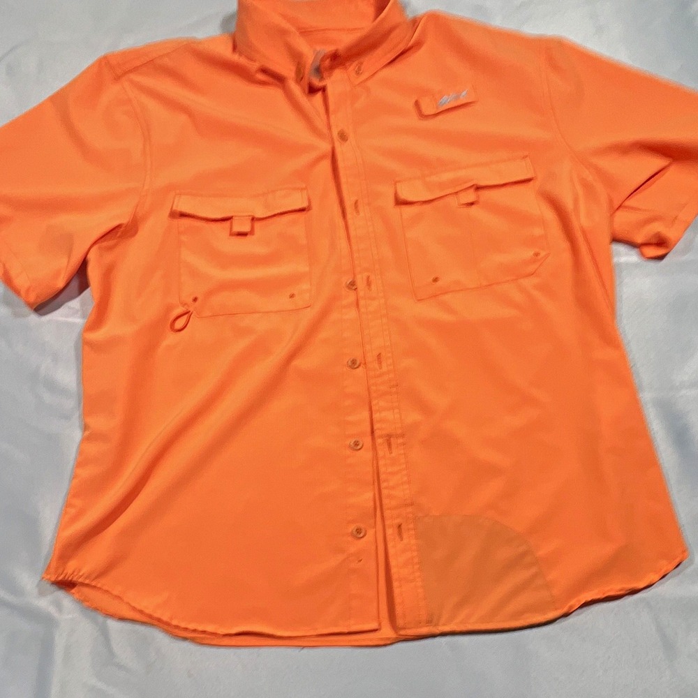 Silver Bait Men's L Orange Button-Up Fishing Shirt Polyester Pockets Fish Logo - Picture 1 of 9